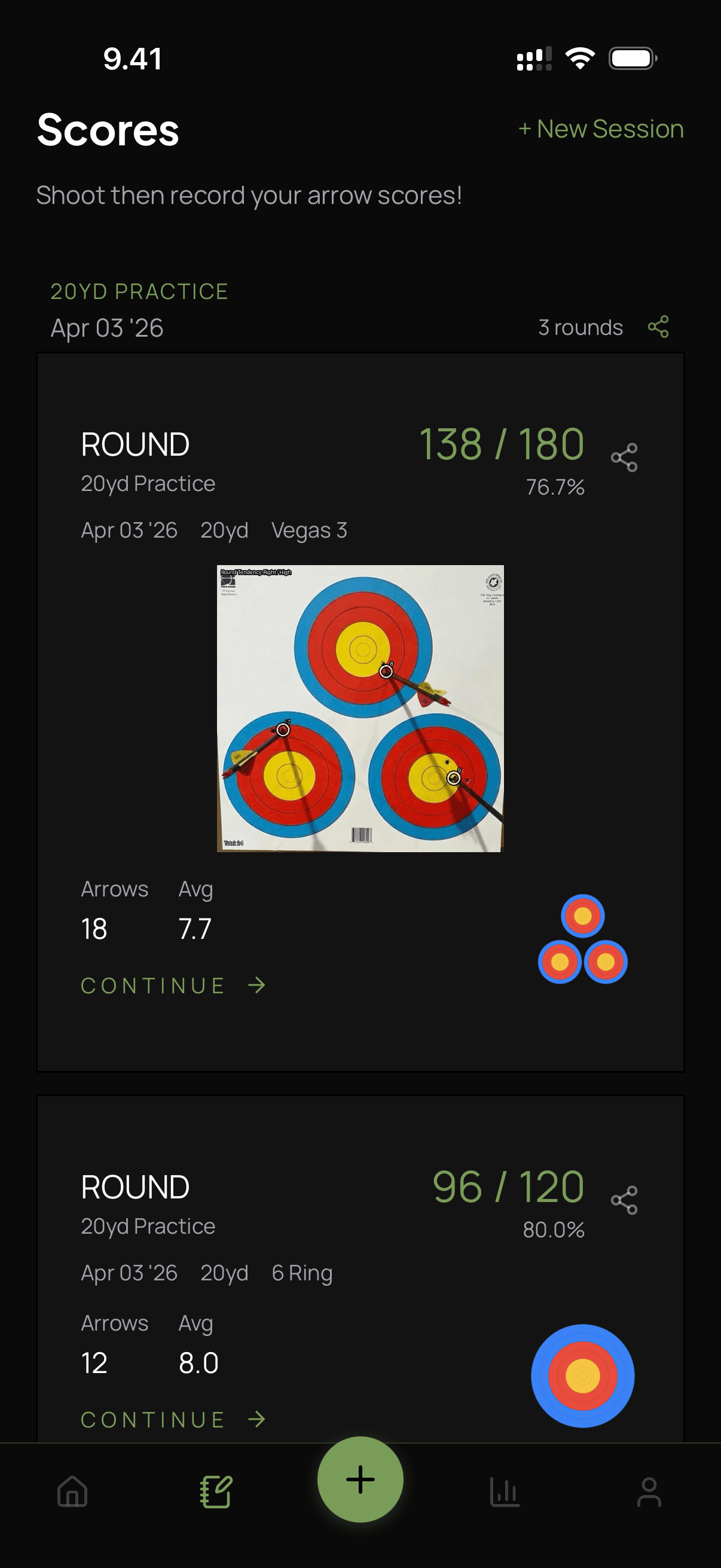 Okami Vision scores screen showing round cards and target preview