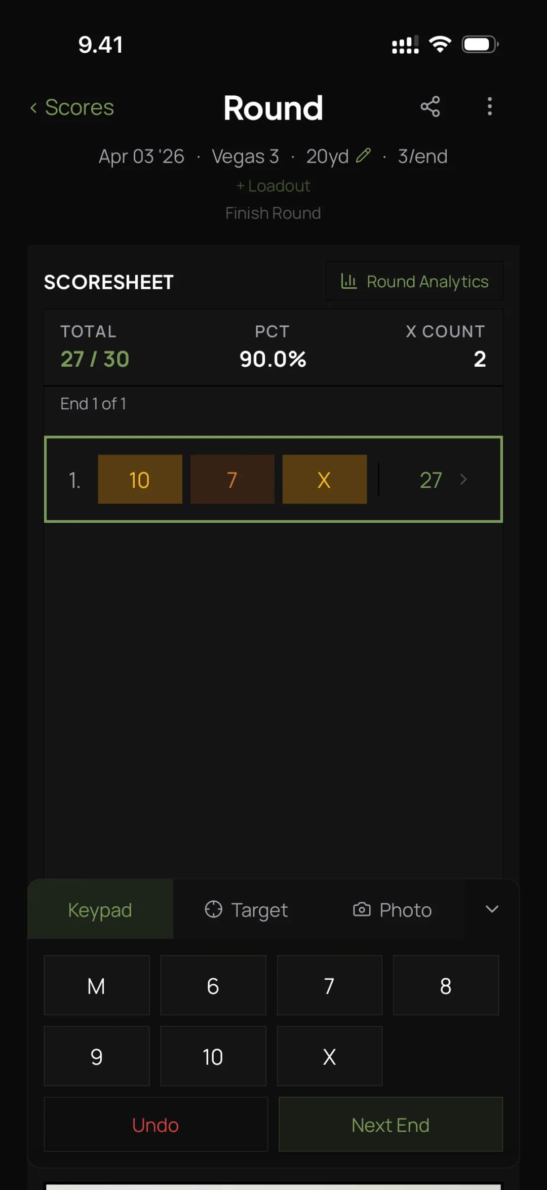 Keypad scoring with M, 1 to 10 and X