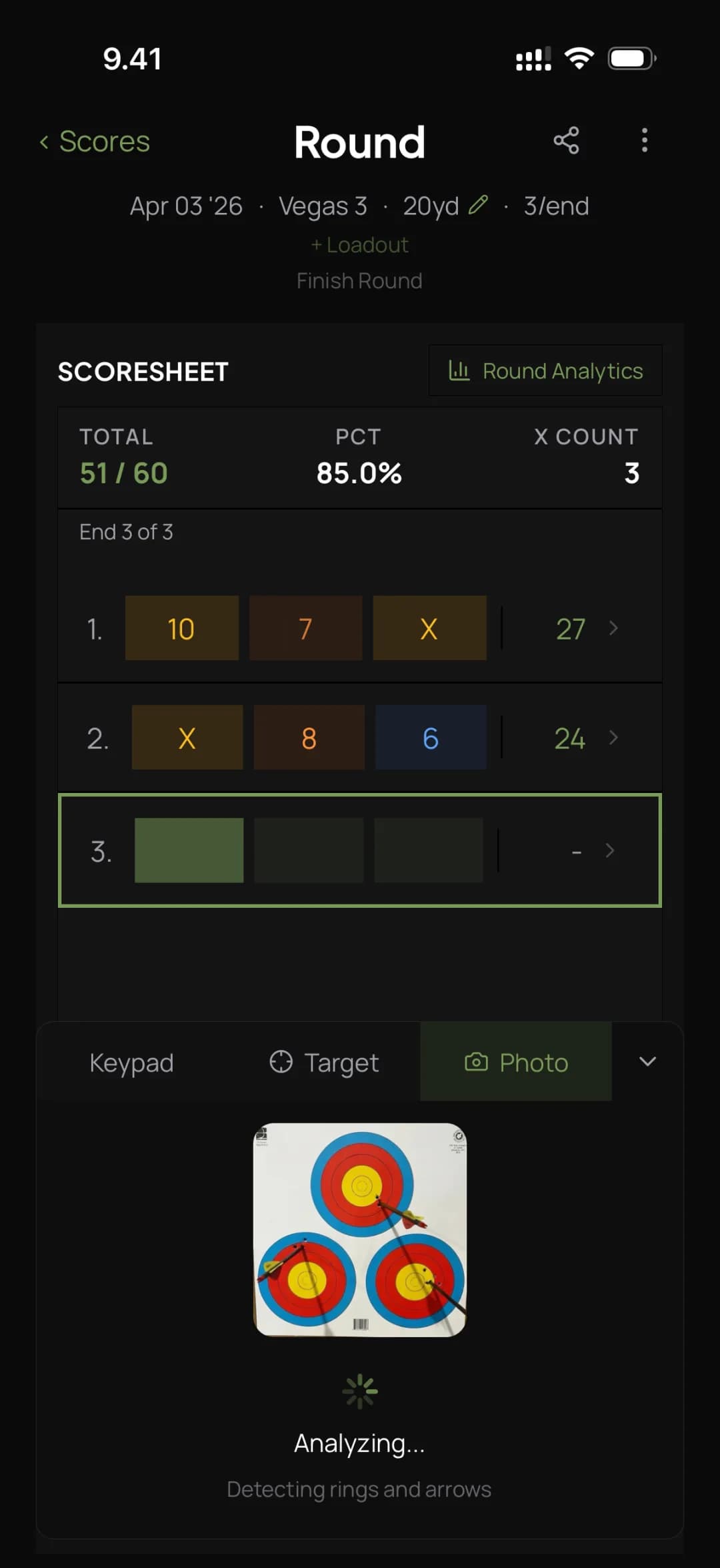 Photo scoring mode analysing a target